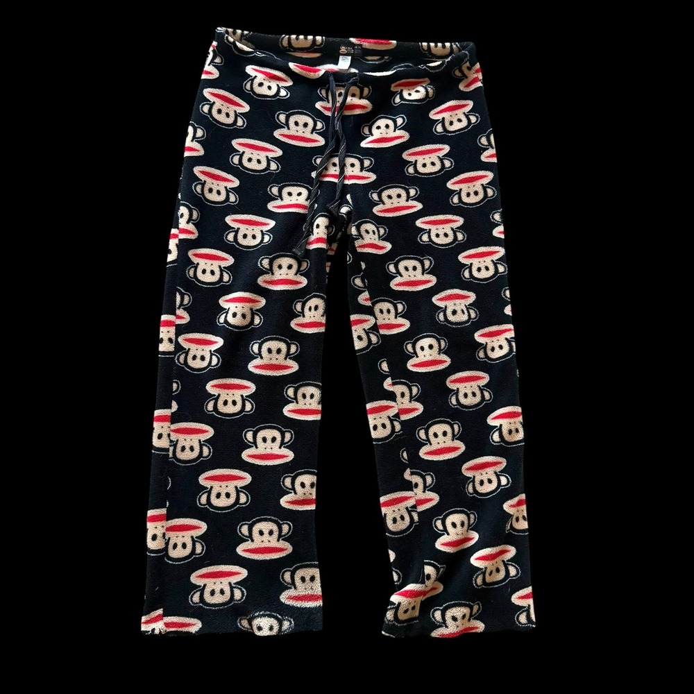 Y2K 2010 Paul Frank Julius Monkey Fleece Pajama Pants Black XL Raw Hem